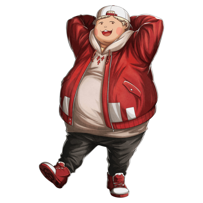 1boy, :d, arms_behind_head, backwards_hat, baseball_cap, black_pants, blonde_hair, brown_eyes