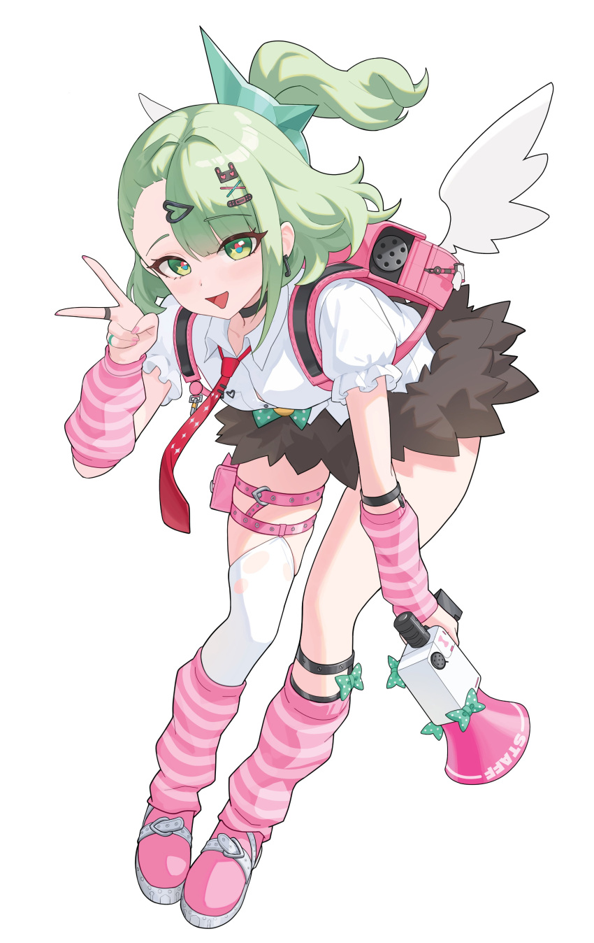 1girl, absurdres, bandaid, bandaid_hair_ornament, black_choker, black_skirt, choker, commentary, earrings, full_body, green_eyes, green_hair, hair_ornament, heart, heart_hair_ornament, heine_(haloo1101), highres, holding, holding_megaphone, jewelry, looking_at_viewer, megaphone, necktie, open_mouth, pink_shoes, red_necktie, ring, shirt, shoes, simple_background, single_thighhigh, skirt, smile, solo, sunna_(zenless_zone_zero), thigh-highs, thighs, v, white_background, white_shirt, white_thighhighs, white_wings, wings, x_hair_ornament, zenless_zone_zero