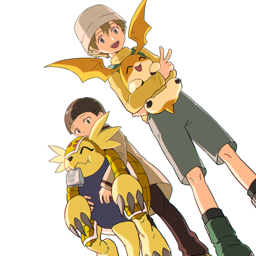 2boys, 2others, armadillo, armadimon, blonde_hair, blue_eyes, brown_eyes, brown_hair