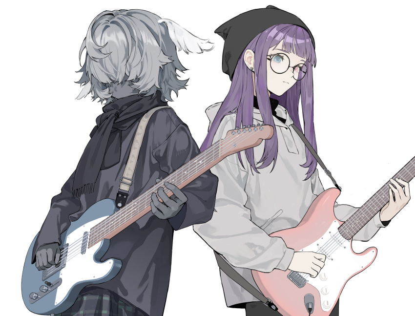 2girls, absurdres, al3x_alex, bass_guitar, beanie, black-framed_eyewear, black_hat, black_hoodie