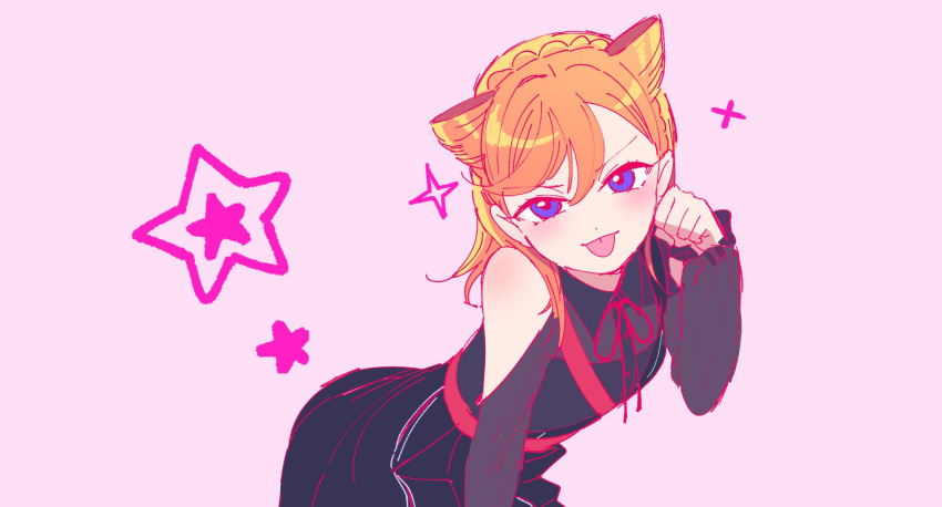1girl, 4ding, :p, bare_shoulders, black_dress, braid, cat_ear-shaped_hair, clothing_cutout