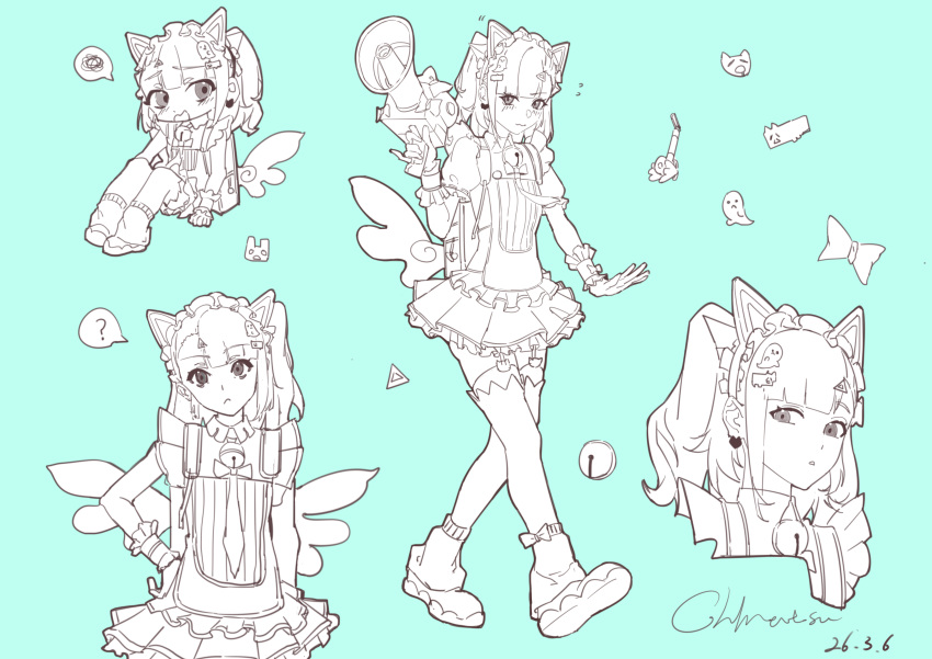 1girl, ?, absurdres, animal_ears, aqua_background, bell, blush, closed_mouth