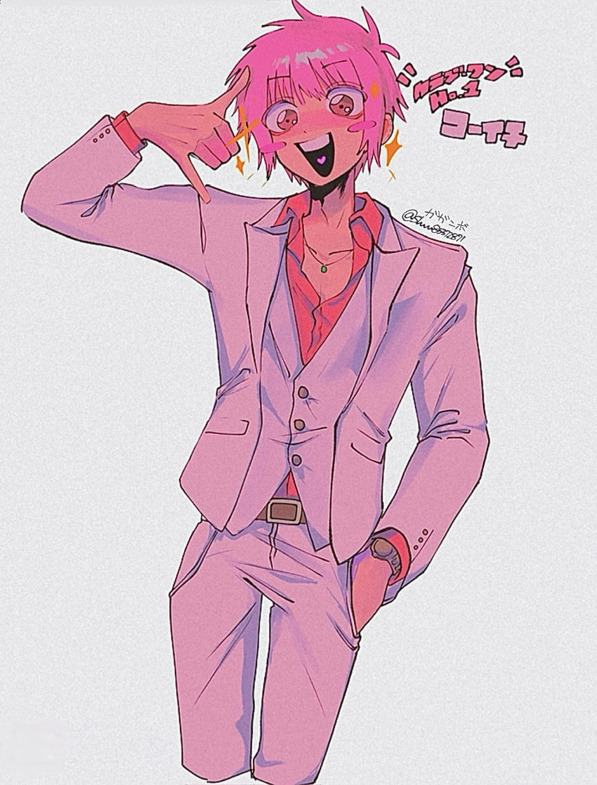 1boy, androgynous, belt, blush_stickers, brown_belt, commentary_request, cropped_legs, everyday_host, gaganbo_(shuuu85372871), hand_up, highres, jacket, jewelry, koichi_(everyday_host), male_focus, necklace, open_mouth, pants, partial_commentary, pink_eyes, pink_hair, red_shirt, shirt, signature, smile, solo, translation_request, twitter_username, vest, watch, watch, white_jacket, white_pants, white_vest
