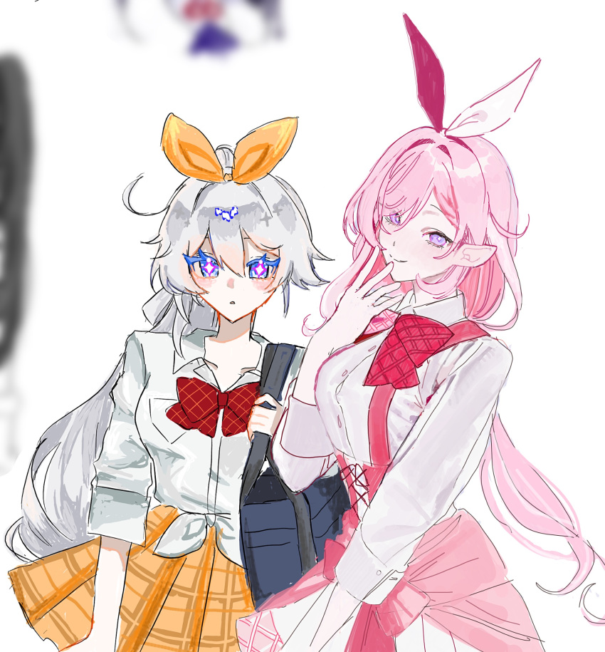 2girls, ahoge, artist_collaboration, bag, blue_eyes, bow, bowtie, breasts