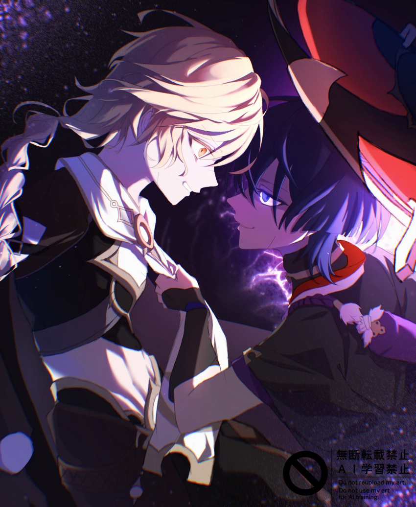 2boys, aether_(genshin_impact), arm_armor, armor, black_background, black_gloves, black_hat, black_shirt, blonde_hair, blunt_ends, braid, brown_pants, chromatic_aberration, clothes_grab, cowboy_shot, electricity, empty_eyes, from_side, genshin_impact, gloves, gold_trim, hair_between_eyes, hand_up, hashtag-only_commentary, hat, highres, huyushiro1, japanese_armor, jingasa, kote, kurokote, long_hair, looking_at_another, low-braided_long_hair, low-tied_long_hair, male_focus, midriff, multiple_boys, navel, orange_eyes, pants, red_hat, rope, scaramouche_(genshin_impact), scarf, shirt, short_hair, short_sleeves, simple_background, single_braid, smile, standing, teeth, two-tone_hat, upper_body, violet_eyes, watermark, white_scarf, wide-eyed
