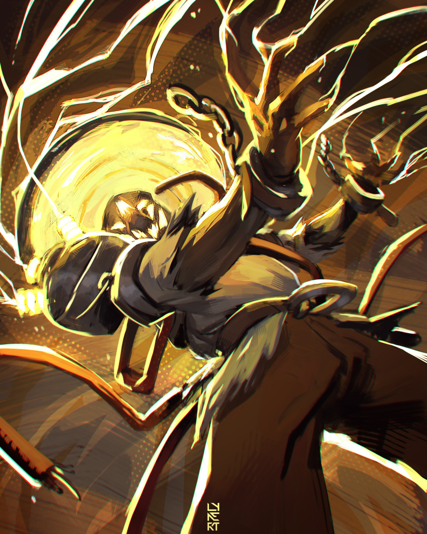 1boy, absurdres, cable, coil, commentary, cuffs, deadlock_(game), electricity, english_commentary, hat, headpiece, highres, lightning, lynert, male_focus, orange_pants, pants, prisoner, seven_(deadlock), shackles, shirt, simple_background, solo, tail