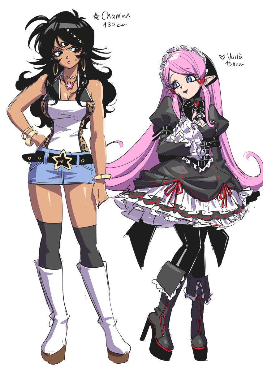 2000s_(style), 2girls, absurdres, black_hair, dark-skinned_female, dark_skin, dizim, dress