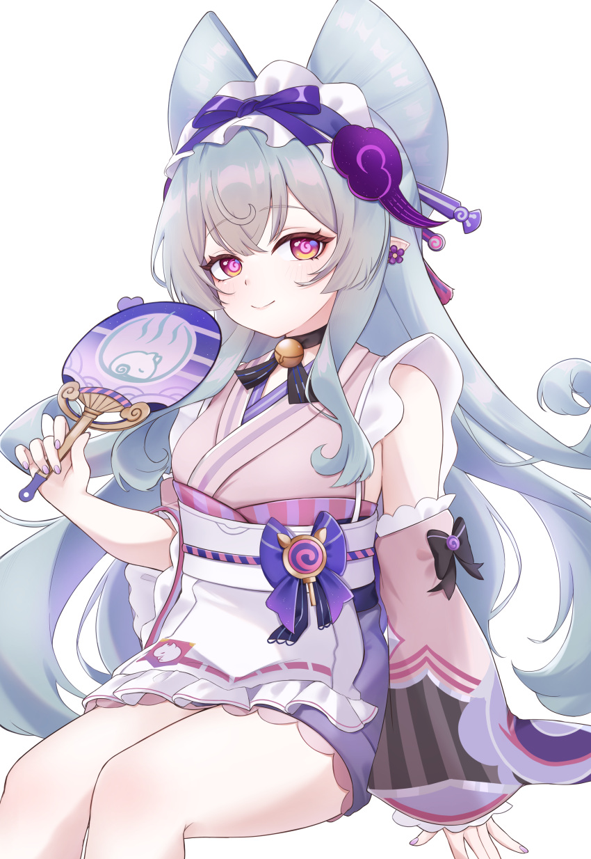 1girl, absurdres, apron, aqua_hair, blush, closed_mouth, commentary_request, folding_fan