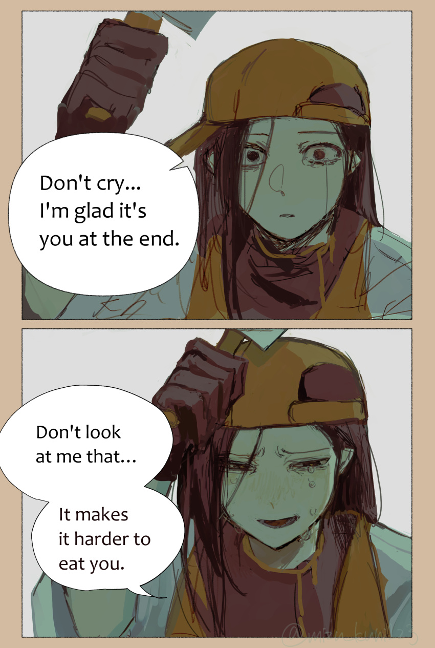 1girl, absurdres, backwards_hat, black_gloves, butcher_vanity_(synthesizer_v), cleaver, crying, crying_with_eyes_open