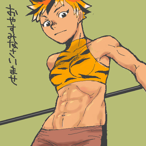 abs, lowres, midriff, muscle, oekaki, onigashira_rin, onikobe_rin, short_hair