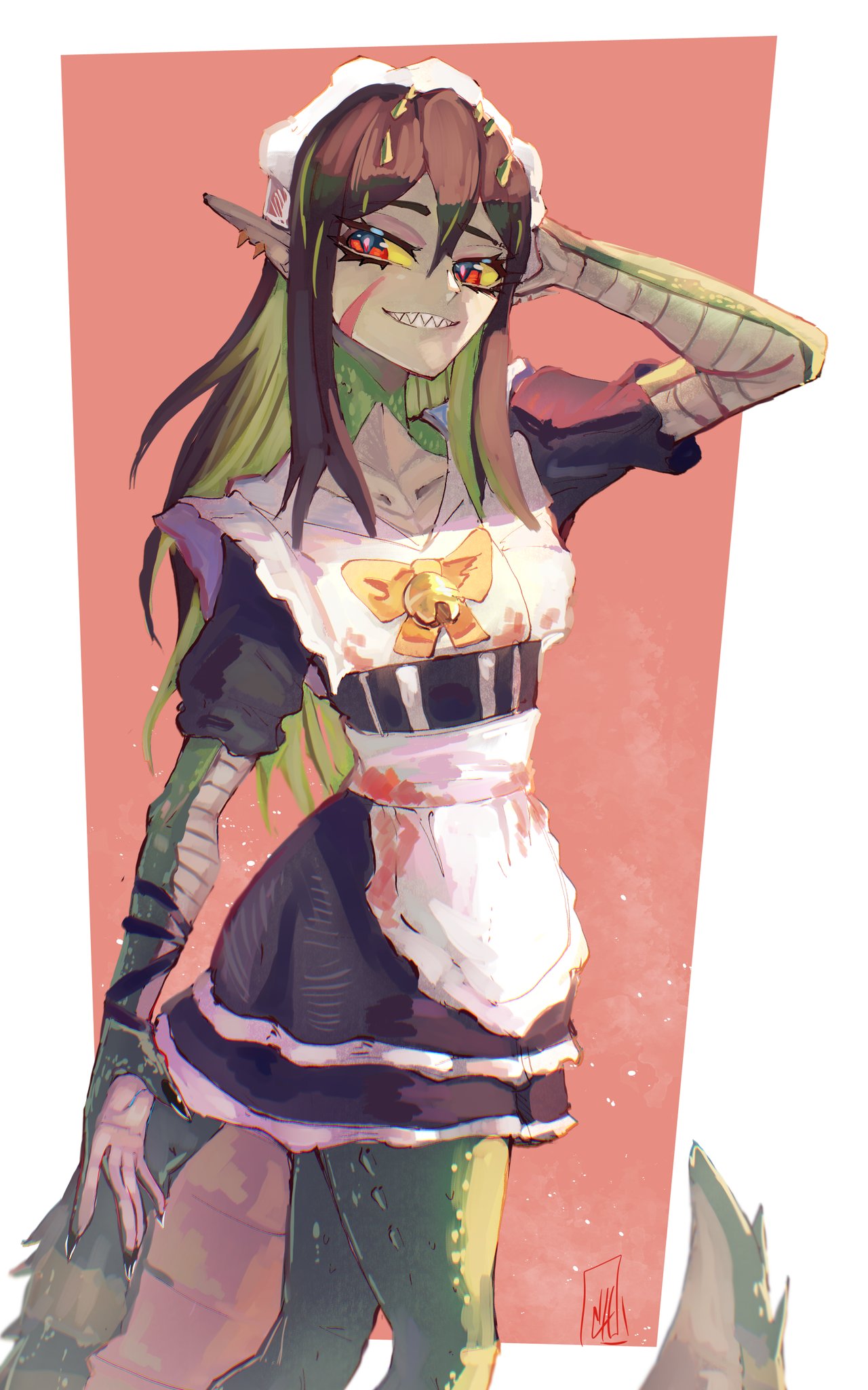 1girl, alternate_costume, apron, arm_behind_head, arm_up, beastiez, black_dress, boutsoftheblind