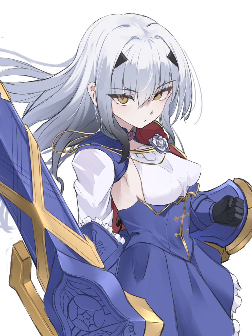 1girl, absurdres, aiguillette, black_gloves, blue_cape, blue_dress, breasts, cape, commentary_request, dress, fairy_sword_arondight, fate/grand_order, fate_(series), forked_eyebrows, gloves, highres, long_hair, long_sleeves, looking_at_viewer, melusine_(fate), melusine_(second_ascension)_(fate), sidelocks, small_breasts, solo, weapon, white_hair, white_sleeves, yellow_eyes, yugusan5