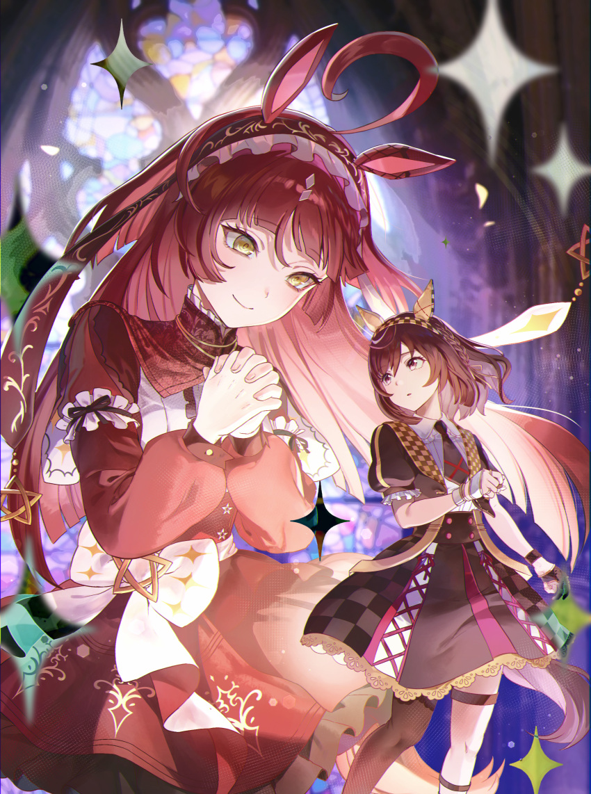 2girls, 8_utauyo, absurdres, ahoge, animal_ears, asymmetrical_gloves, blunt_bangs, blunt_ends, blunt_sidelocks, blush, braid, breasts, brown_hair, brown_headdress, buena_vista_(heroina_inocente)_(umamusume), buena_vista_(umamusume), checkered_collar, checkered_hairband, closed_mouth, collared_shirt, commentary_request, dress, frilled_hairband, frills, gloves, hair_between_eyes, hair_ornament, hairband, headband, highres, horse_ears, horse_girl, horse_tail, interlocked_fingers, jacket, layered_hair, long_hair, long_sleeves, looking_at_viewer, medium_hair, mismatched_gloves, multiple_girls, necktie, open_clothes, open_jacket, own_hands_clasped, own_hands_together, parted_lips, red_desire_(umamusume), red_dress, red_hair, red_hairband, red_headdress, red_veil, shirt, sidelocks, single_thighhigh, skirt, smile, star_ornament, tail, thigh-highs, thigh_strap, umamusume, veil, violet_eyes, white_shirt, yellow_eyes