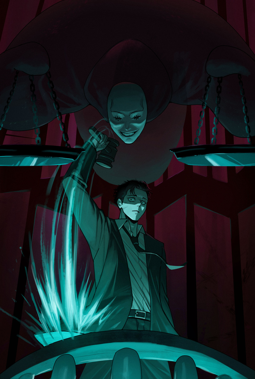 1boy, absurdres, arm_up, balance_scale, black_eyes, black_hair, black_jacket, black_necktie, collared_shirt, commentary_request, domain_expansion, gavel, highres, higuruma_hiromi, holding, holding_gavel, jacket, judgeman_(jujutsu_kaisen), jujutsu_kaisen, long_sleeves, looking_at_viewer, male_focus, mask, necktie, open_clothes, open_jacket, oro_(lsg0624), shirt, short_hair, weighing_scale, white_shirt