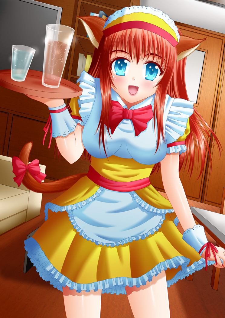animal_ears, aqua_eyes, beverage, blue_eyes, blush, cat_ears, door, fang