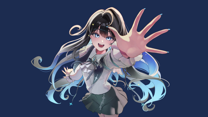 1girl, :d, absurdres, ahoge, arm_up, ascot, black_hair, black_ribbon
