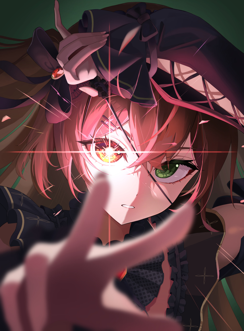 1girl, absurdres, arm_up, black_dress, black_ribbon, blurry, blurry_foreground, brown_hair