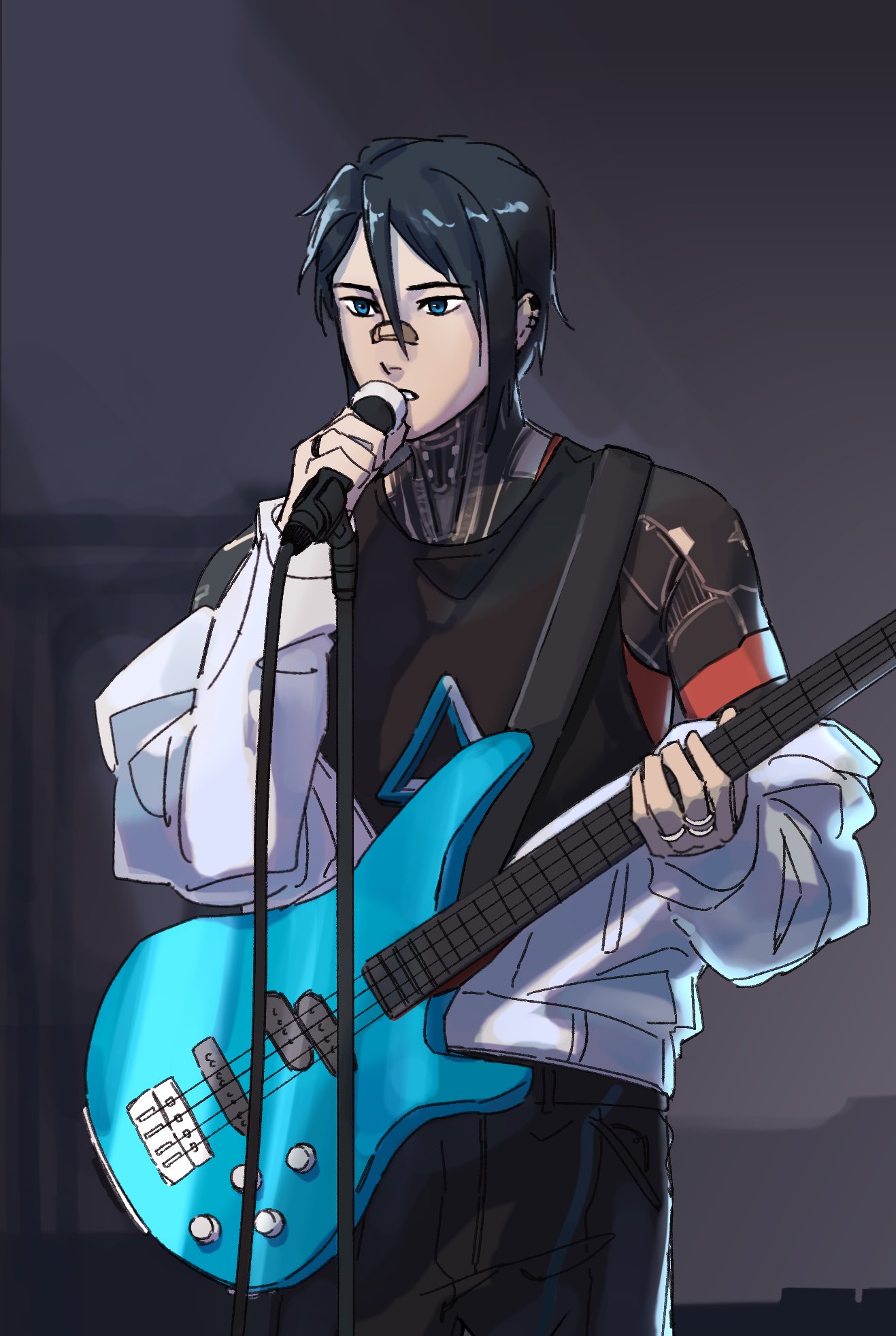 1girl, alternate_costume, bandaid, bandaid_on_face, bandaid_on_nose, black_hair, blue_eyes, chest_tattoo, commentary, contemporary, cowboy_shot, ear_piercing, electric_guitar, elster_(signalis), english_commentary, guitar, highres, holding, holding_instrument, holding_microphone, humanization, instrument, jacket, jewelry, marion_(plinkoping), microphone, off_shoulder, piercing, ring, short_hair, signalis, solo, standing, tattoo, white_jacket