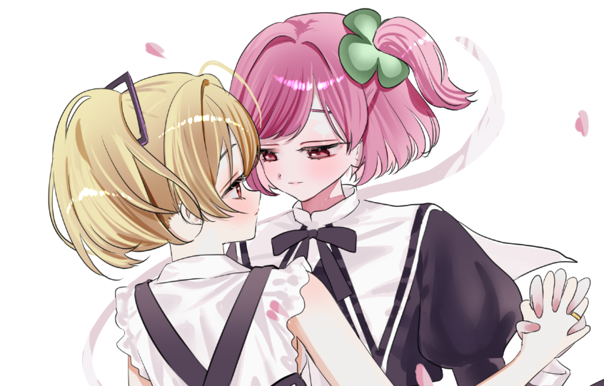 2girls, ando_tazusa, assault_lily, black_ribbon, blonde_hair, blush, closed_mouth, clover_hair_ornament