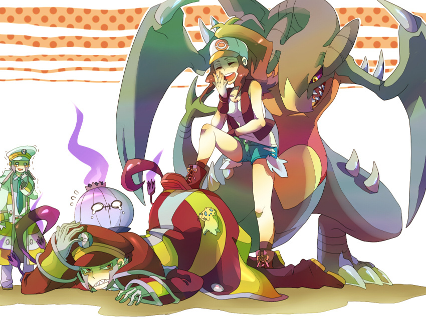 annoyed, brown_hair, chandelure, denim, denim_shorts, fire, garchomp, gline