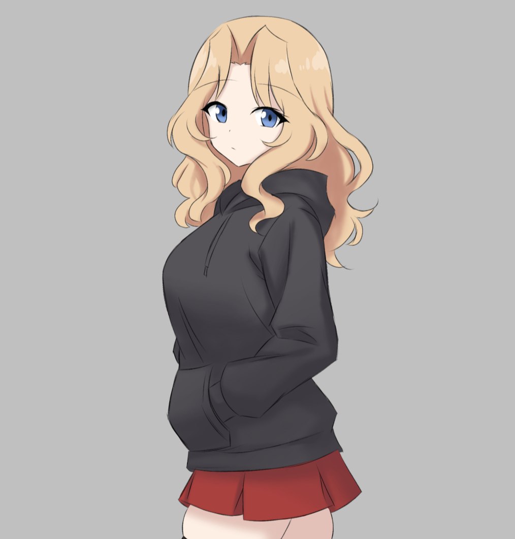 1girl, black_hoodie, black_sweater, black_t-shirt, blonde_hair, blue_eyes, girls_und_panzer, ivan_(2213432)
