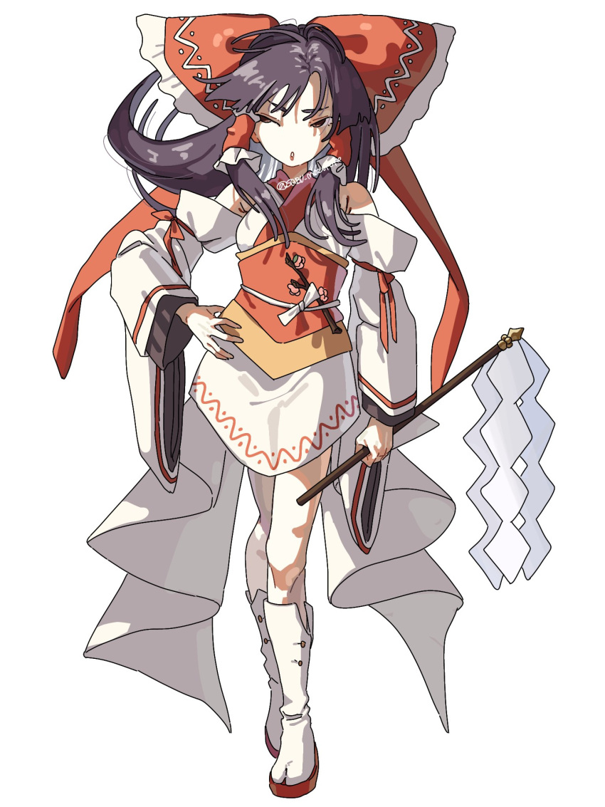 1girl, :o, alternate_costume, bare_shoulders, boots, bow, branch, brown_eyes