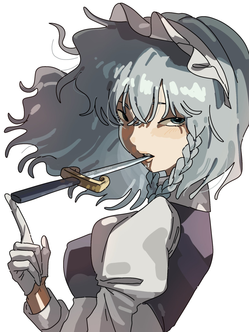 1girl, blue_eyes, blue_vest, blush, braid, commentary, gloves, grey_hair