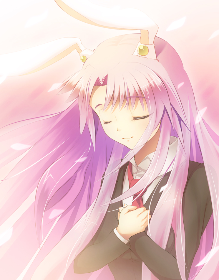 animal_ears, blazer, bunny_ears, bust, closed_eyes, dress_shirt, eyes_closed, hands_on_own_chest