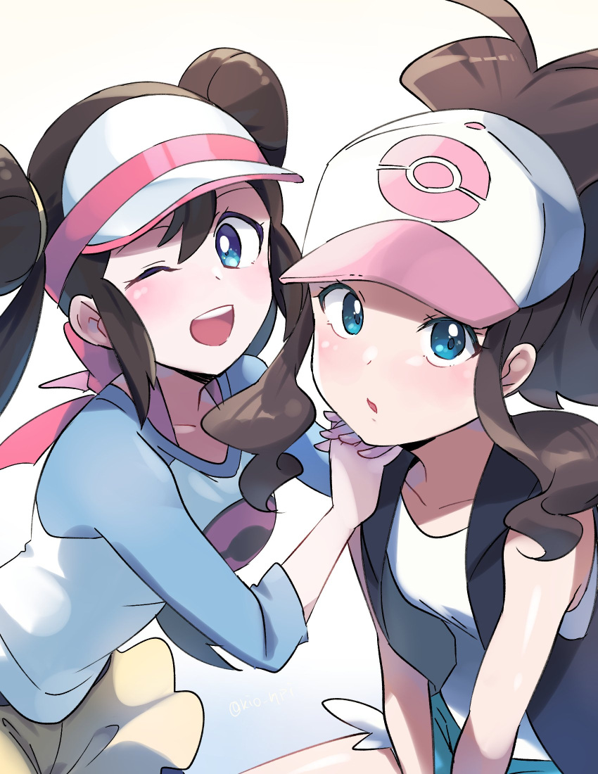2girls, :o, ;d, baseball_cap, black_vest, blue_eyes, blue_shorts, blush