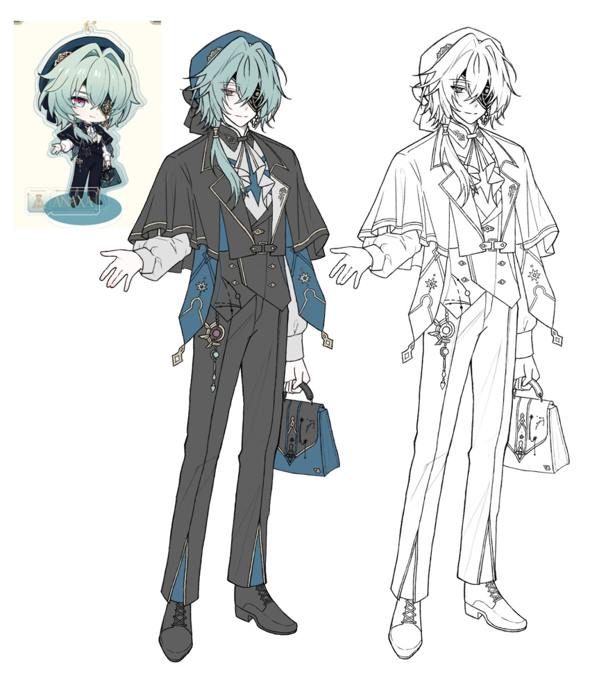 1boy, anaxa_(honkai:_star_rail), anaxa_(impression)_(honkai:_star_rail), bag, bbang_kyokk, beret, black_capelet, black_pants