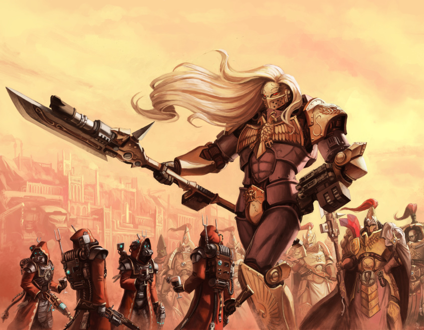 adeptus_custodes, adeptus_mechanicus, armor, blonde_hair, boogwerks, commentary, cyborg, english_commentary
