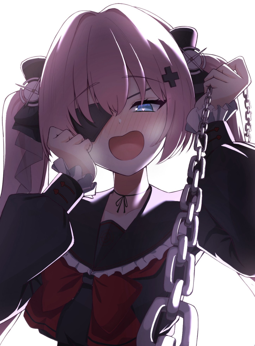 1girl, anis_bennett, black_bow, black_sailor_collar, black_shirt, blue_eyes, blush, bow