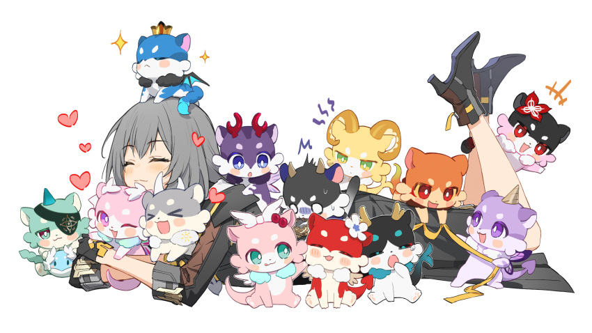 1girl, aglaea_(honkai:_star_rail), aglaea_(oatmeal)_(honkai:_star_rail), anaxa_(honkai:_star_rail), anaxa_(nanus)_(honkai:_star_rail), animal_hug, animal_on_head, black_boots