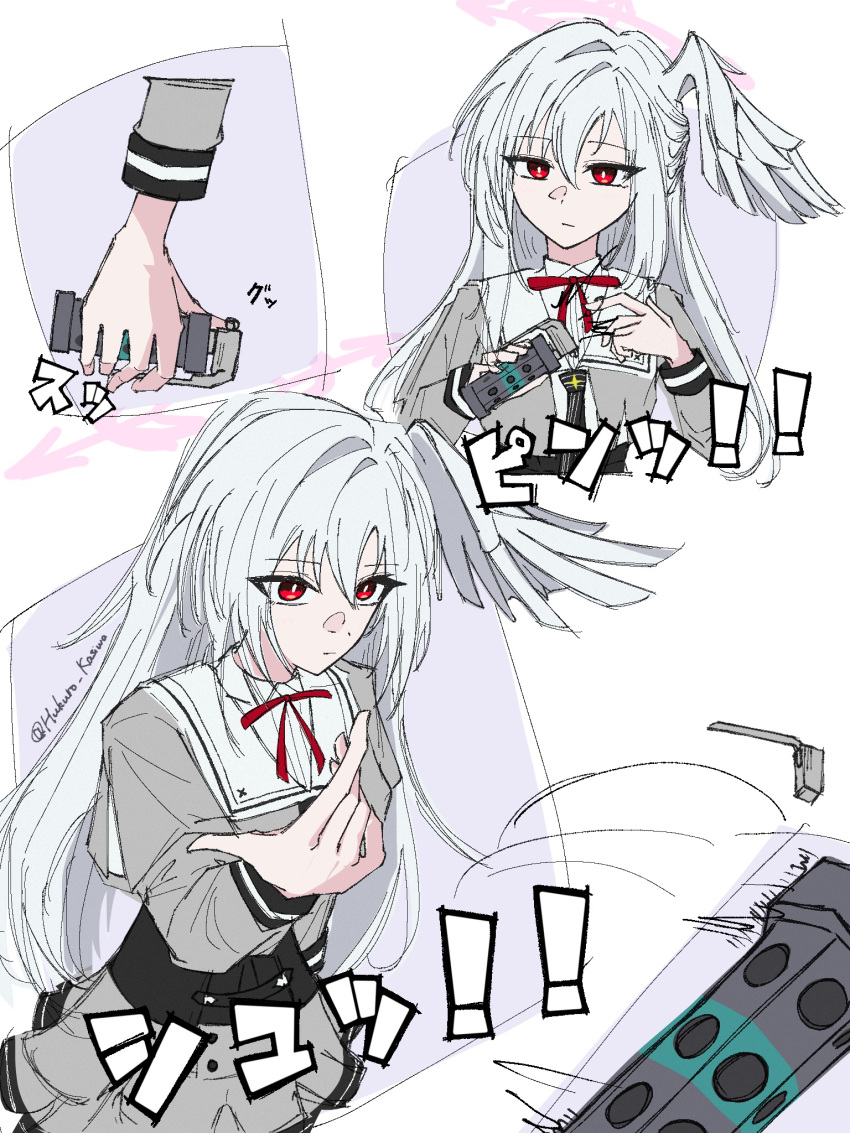 blue_archive, commentary_request, explosive, grenade, halo, highres, hukuro_kasiwa, long_hair, looking_at_viewer, pink_halo, red_eyes, red_ribbon, ribbon, stun_grenade, suzumi_(blue_archive), weapon, white_hair