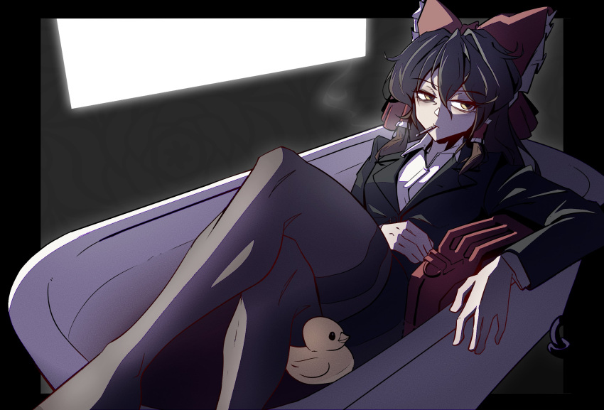 1girl, bathroom, black_hair, black_pantyhose, black_suit, commentary_request, cookie_(touhou), food