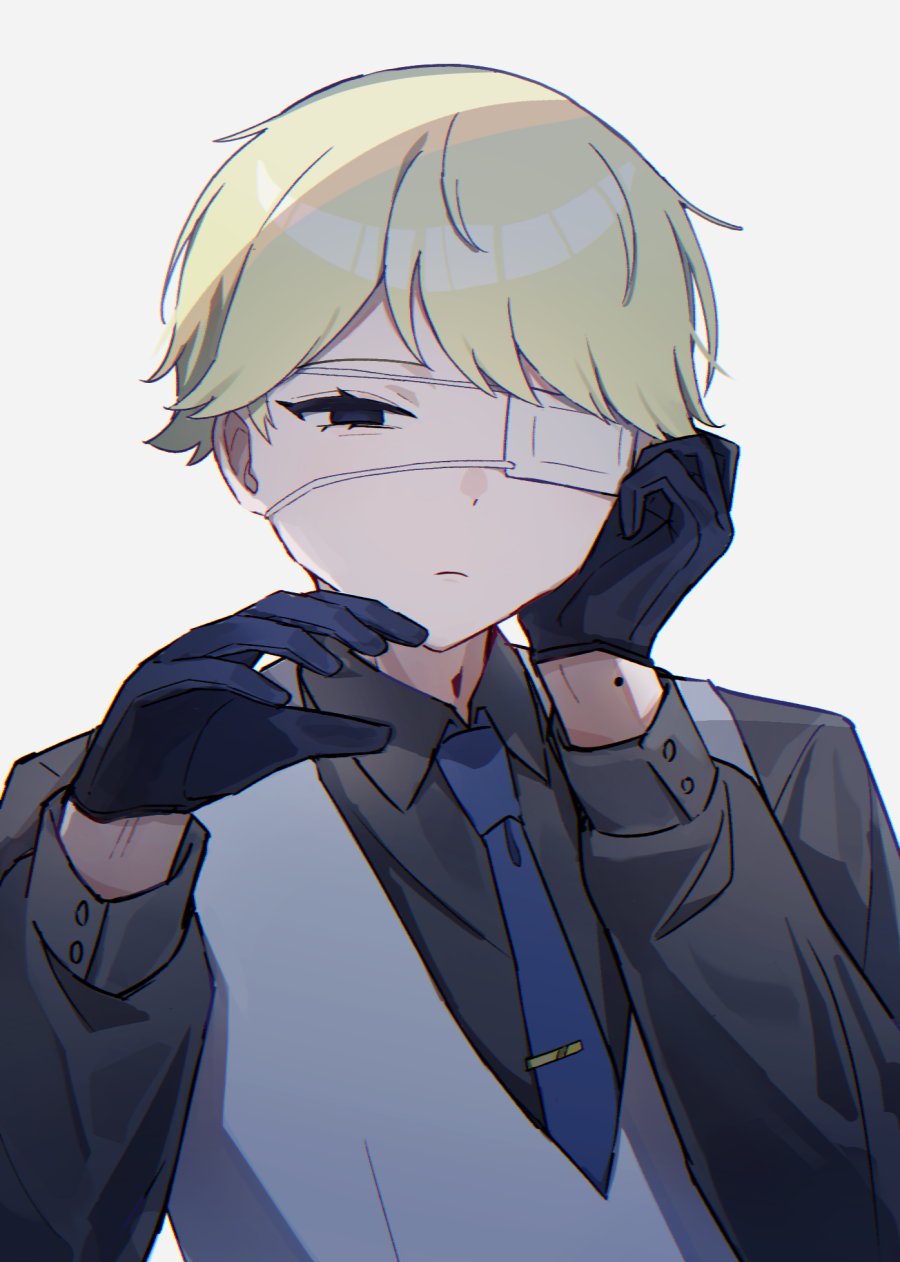 1boy, black_eyes, black_gloves, black_shirt, blonde_hair, blue_necktie, commentary_request, eyepatch