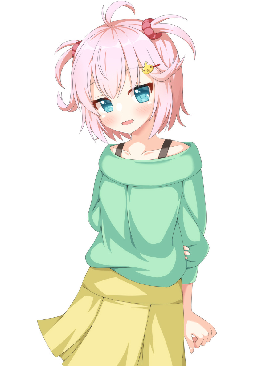 1girl, :d, ahoge, andou_chiwa, arms_behind_back, bare_shoulders, blue_eyes, blush