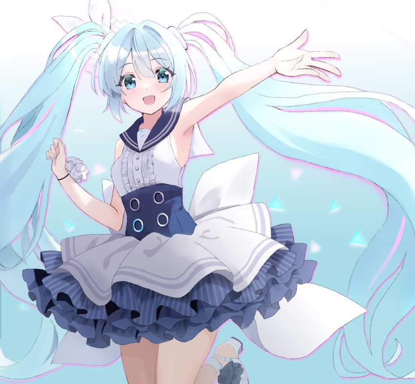1girl, absurdres, aqua_eyes, aqua_hair, aqua_halo, arm_up, armpits, black_sailor_collar