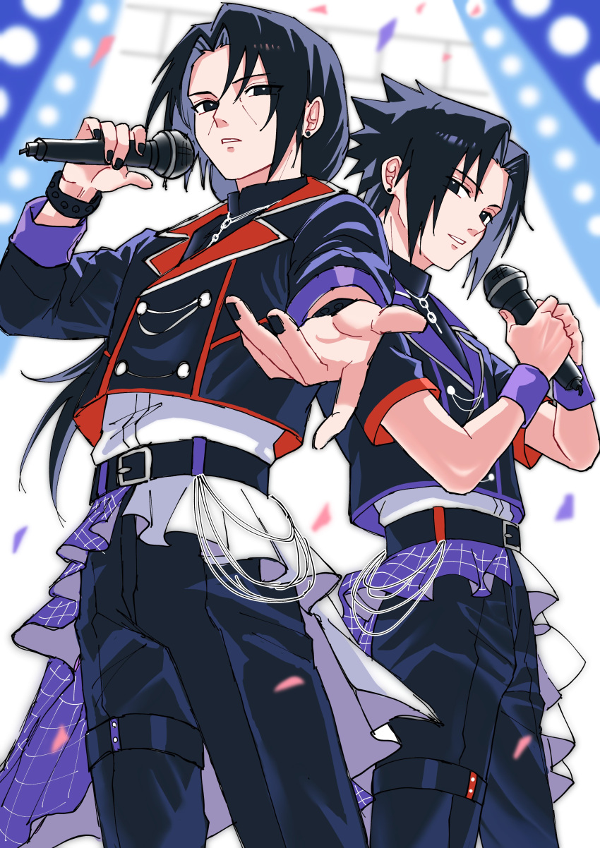 2boys, absurdres, alternate_costume, belt, belt_buckle, black_belt, black_eyes, black_hair