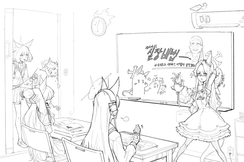 >_<, 5girls, :d, animal_ears, aris_(blue_archive), blue_archive, blush, classroom, clock, dante_(limbus_company), daresuki_05, drawing_(object), dress, fox_ears, fox_girl, fox_platoon_(blue_archive), fox_tail, halo, hand_up, headset, highres, holding, kim_yongha, kurumi_(blue_archive), limbus_company, long_hair, mika_(blue_archive), multiple_girls, niko_(blue_archive), objectification, otogi_(blue_archive), peeking_out, project_moon, rectangular_eyewear, sailor_collar, school_uniform, seia_(blue_archive), semi-rimless_eyewear, serafuku, short_hair, sitting, smile, sparkle, standing, stretching, tail, thumbs_up, trait_connection, translation_request, wall_clock, whiteboard, yukino_(blue_archive)