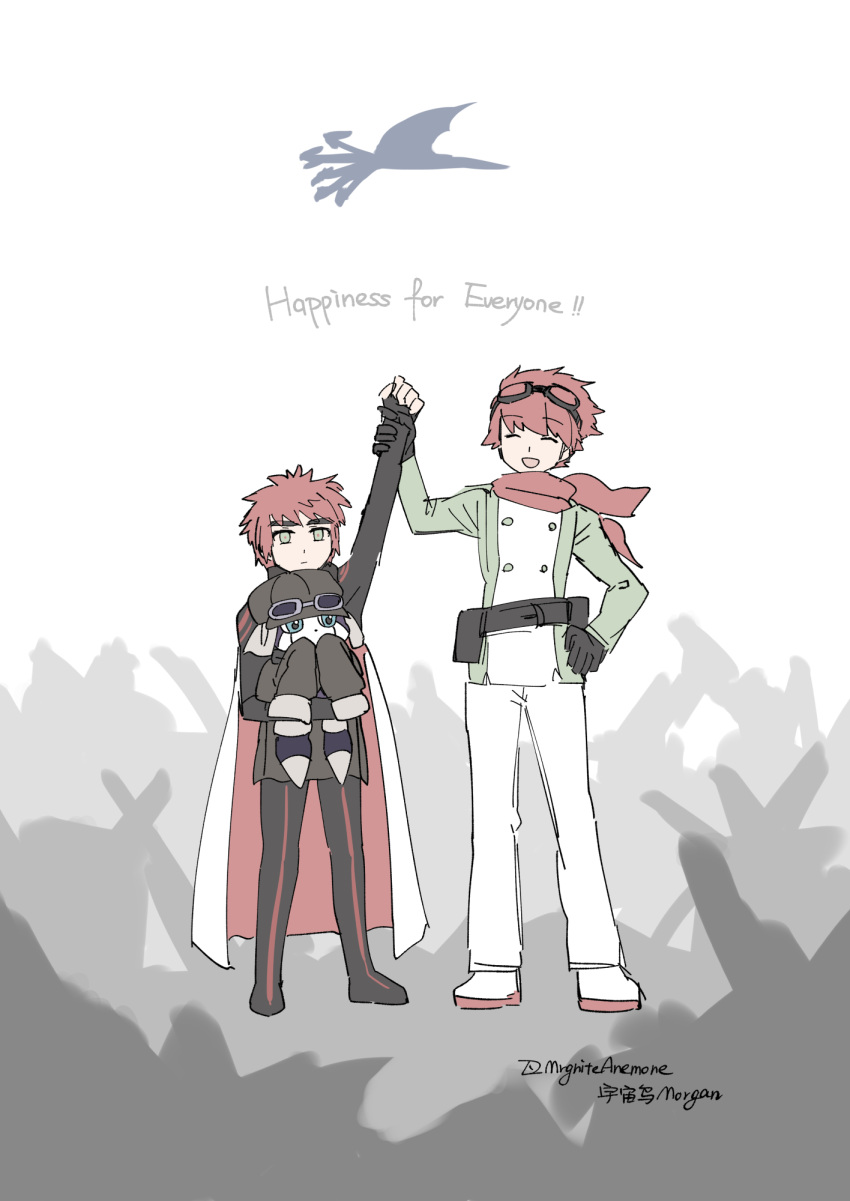 2boys, appmon, cape, commentary, digimon, digimon_(creature), digimon_story:_time_stranger, digimon_universe:_appli_monsters, gloves, goggles, goggles_on_head, highres, in-franchise_crossover, leviathan_(digimon), male_focus, mrgniteanemone, multiple_boys, offmon, ozora_yujin, red_eyes, red_hair, tagme, yuuki_dan