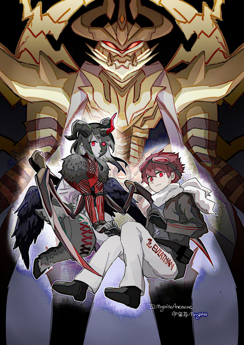 2boys, aegiochusmon_dark, appmon, commentary, demon_horns, deusmon, digimon, digimon_(creature)