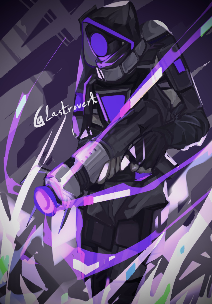 1boy, accelerator_(tower_defense_simulator), backpack, bag, black_gloves, black_mask, black_pants, black_shirt, colored_skin, commentary, cowboy_shot, english_commentary, facing_ahead, fingerless_gloves, gloves, grey_skin, highres, holding, holding_weapon, hood, hood_up, hooded_shirt, knee_pads, lastrovert, male_focus, mask, pants, purple_background, purple_trim, roblox, shirt, simple_background, solo, standing, tower_defense_simulator, twitter_username, vignetting, weapon