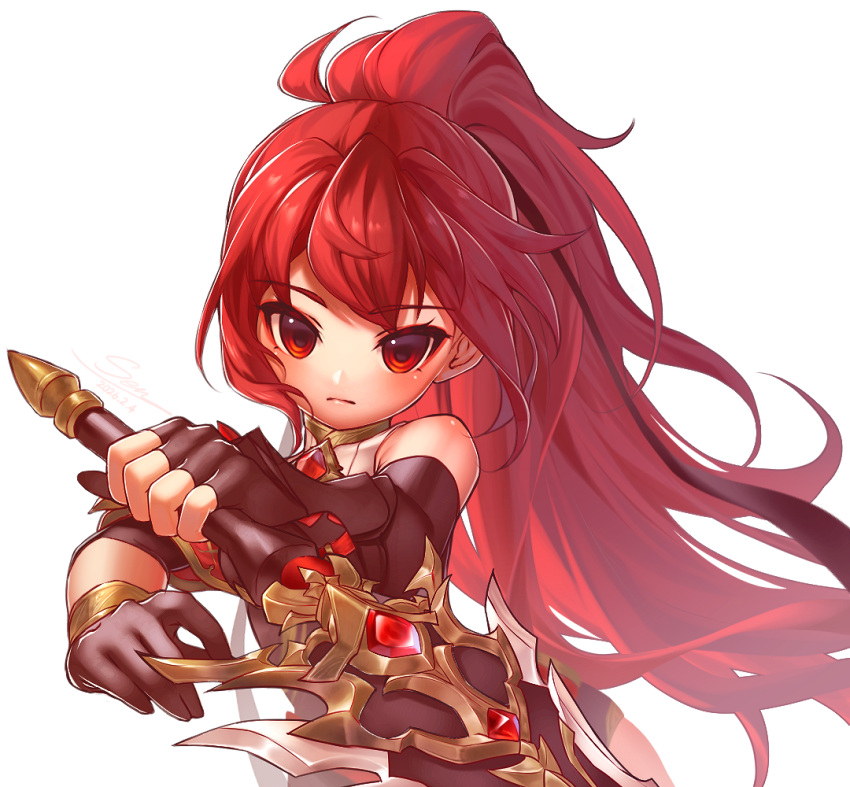 1girl, bare_shoulders, black_gloves, closed_mouth, dated, elesis_sieghart, fingerless_gloves, floating_hair