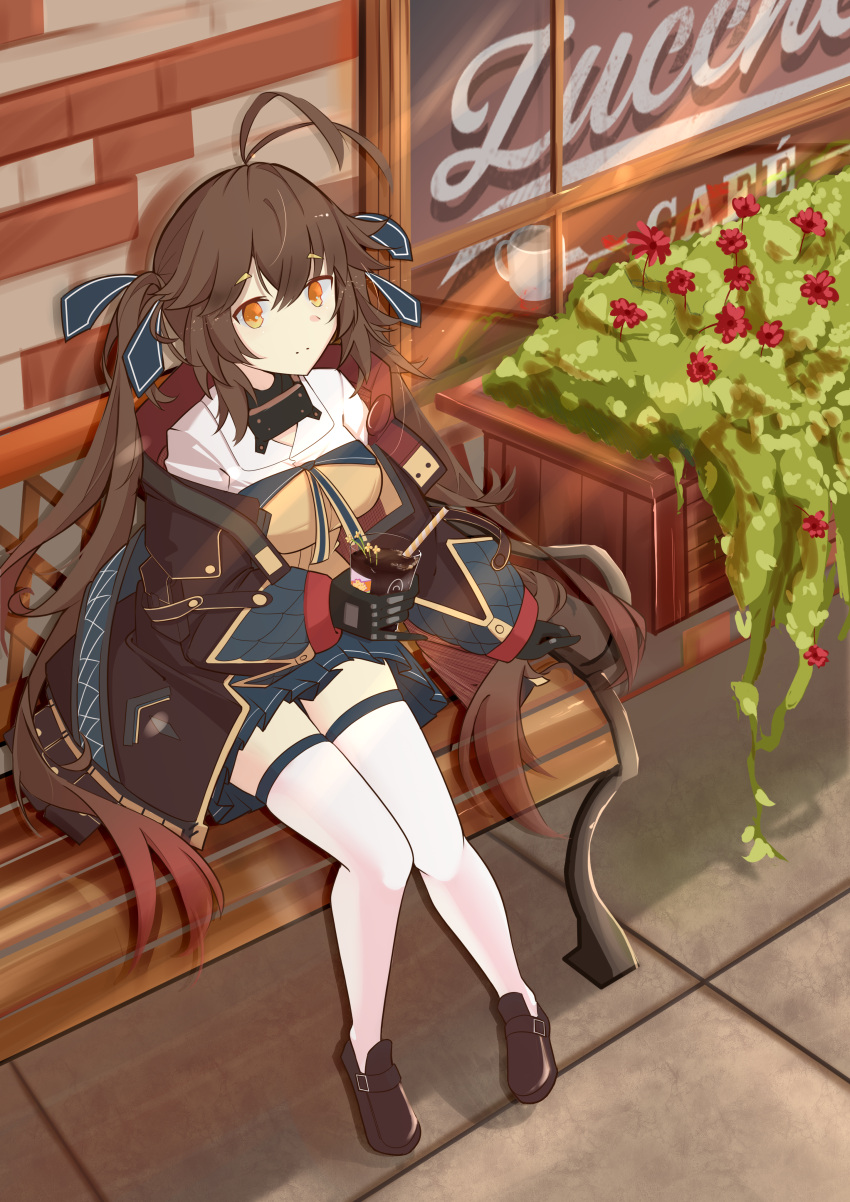 1girl, absurdres, brick_wall, brown_hair, commentary, flower, girls_frontline, highres, jacket, leaf, long_hair, m14_(girls'_frontline), nokialia_(sinoteenme), orange_hair, shoes, sitting, smile, thigh-highs, twintails, untranslatable_commentary, white_thighhighs