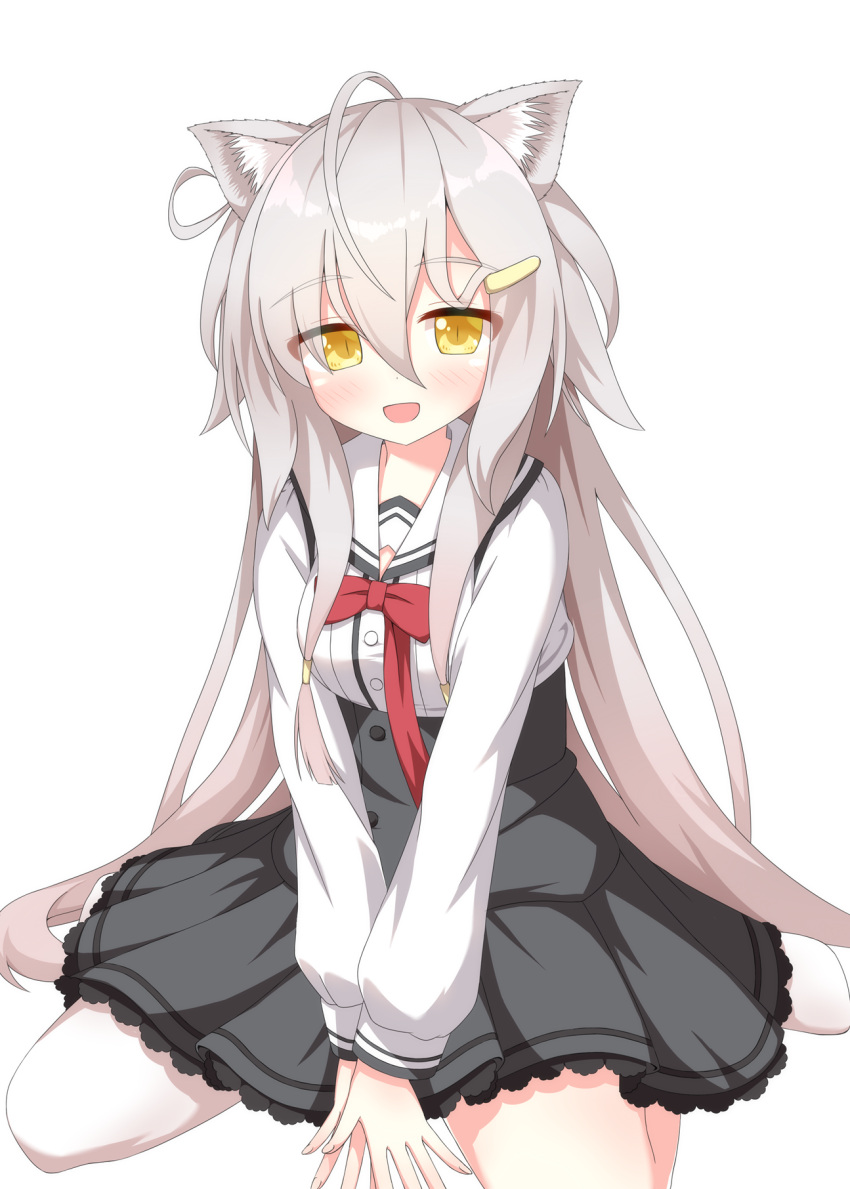 1girl, :d, ahoge, animal_ear_fluff, animal_ears, black_skirt, blush, bow
