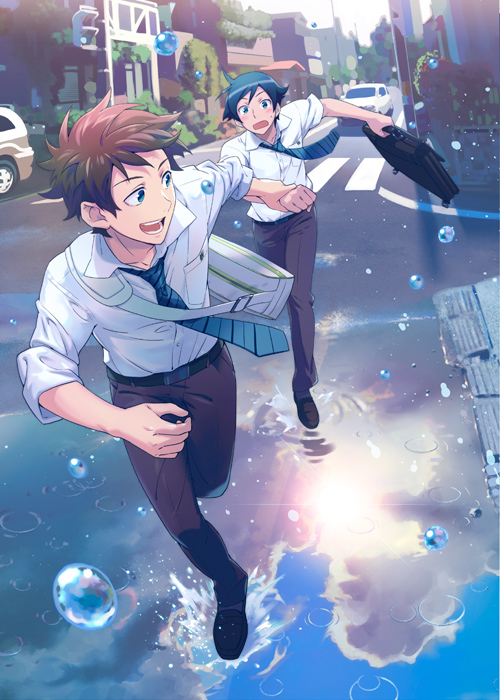 akagi_kouhei, blue_eyes, blue_hair, brown_hair, jumping_dogeza, kousaka_kyousuke, multiple_boys, necktie