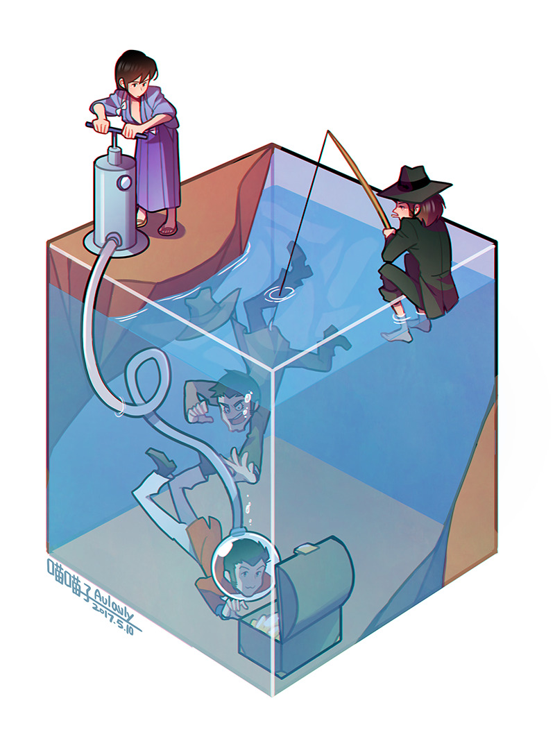 4boys, air_bubble, air_pump, arsene_lupin_iii, aulauly, barefoot, bubble, cigarette