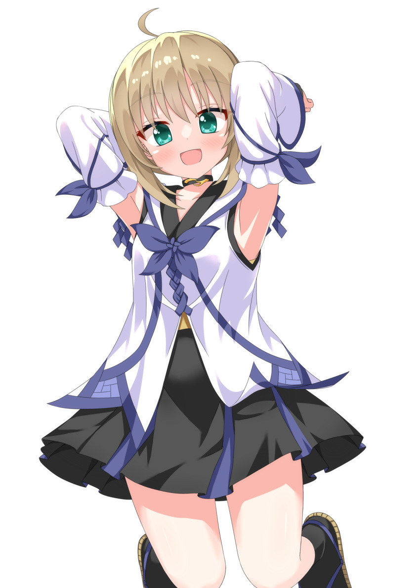 1girl, :d, ahoge, aoi_(kunado_kokuki), armpits, arms_behind_head, black_choker, black_skirt, black_socks, blonde_hair, blush, choker, commentary, detached_sleeves, full_body, green_eyes, hair_between_eyes, happy, highres, jumping, kunado_kokuki, long_sleeves, medium_hair, open_mouth, pleated_skirt, sandals, shirt, sidelocks, simple_background, skirt, sleeveless, sleeveless_shirt, smile, socks, solo, thighs, white_background, white_shirt, white_sleeves, wide_sleeves, wistar1as, zouri