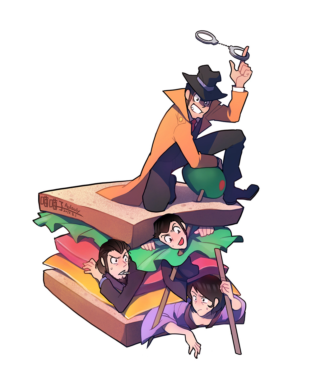 4boys, arsene_lupin_iii, aulauly, beard, bread, bread_slice, cheese, cleft_chin